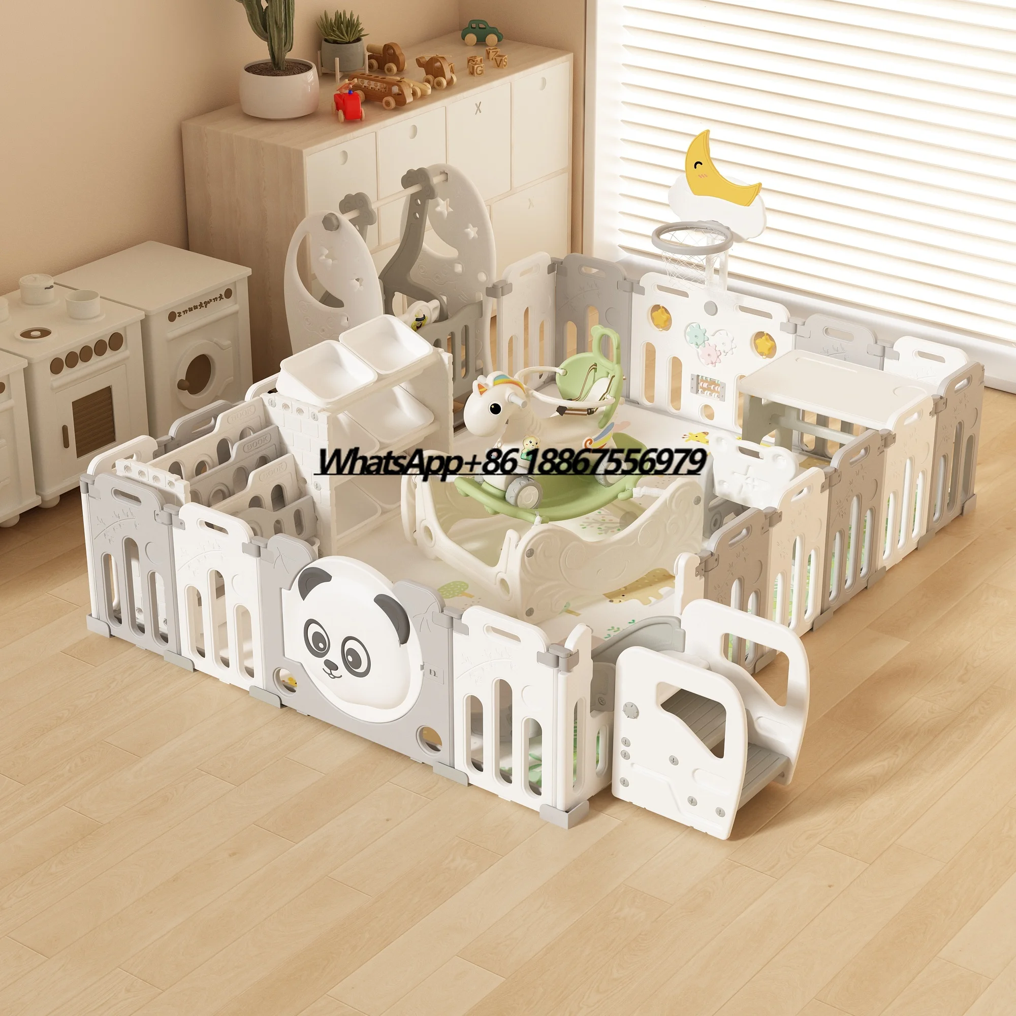 

Foldable Panda Baby Playpen 16+3 With Stand+Swing+Slide+Trampoline Rocking Horse+Storage and Bookshelf+Foldable Table+ Car Chair