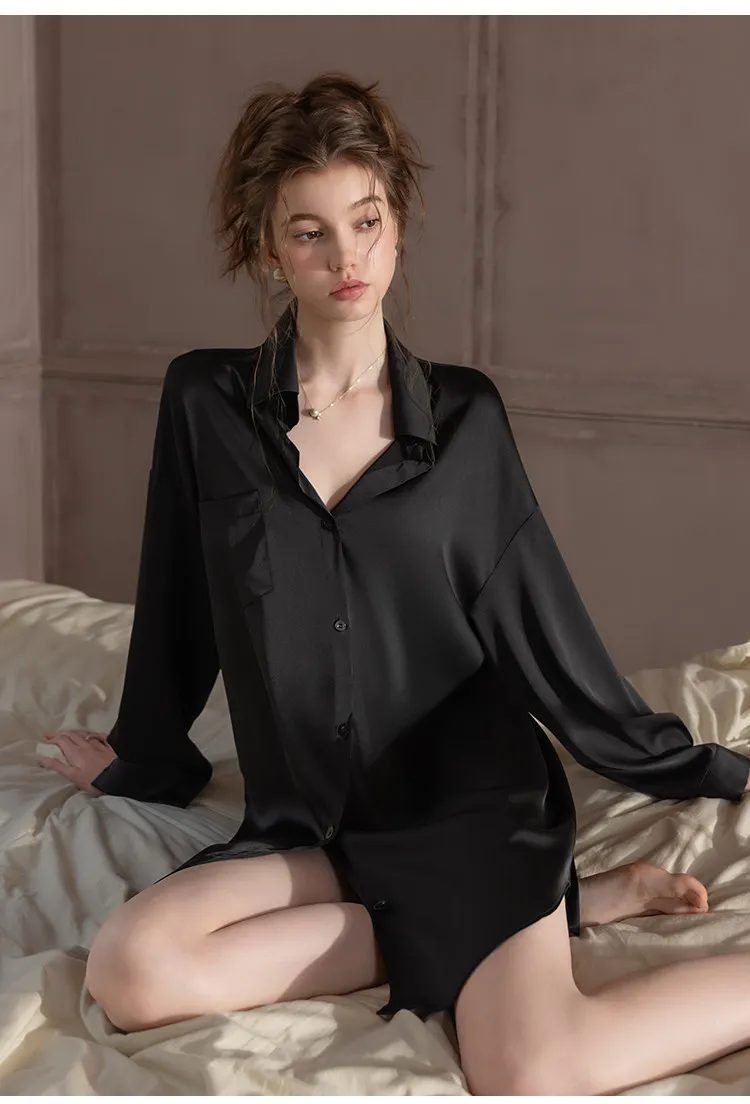 Winsleter-Women Sexy Long Sleeve Nightgown, Lapel Pocket Patchwork, Boyfriend Style Soft Loose Pajamas, 2026 Autumn New P68837CC