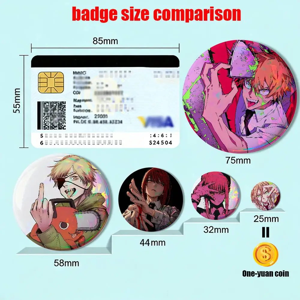 Denji Power Makima Chainsaw Man Reflective Pin Tinplate Round Brooch Cartoon Cosplay Badges for Bag Hat Toys Gifts