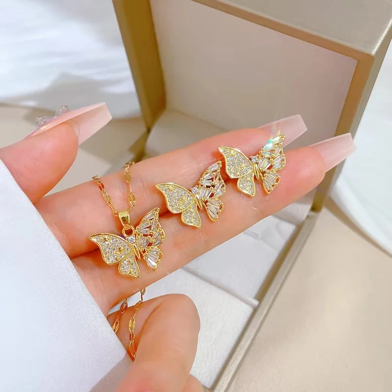 

New Design Elegent Gold Plated Butterfly Necklace Zircon Necklace Earrings Set Bridal Jewelry Sets Suitable For Party Gifts