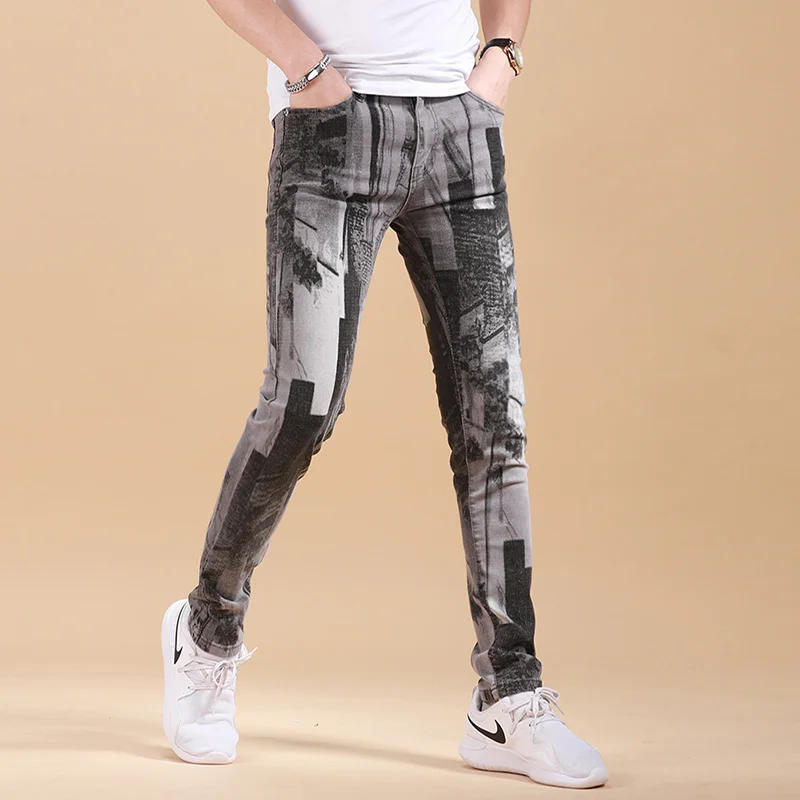 

Jean Erkek Pantolon Jeans Mens Summer Thin Slim Feet Fashion Printing Smoke Gray Men's Casual Designer Jeans Pantalones Vaqueros