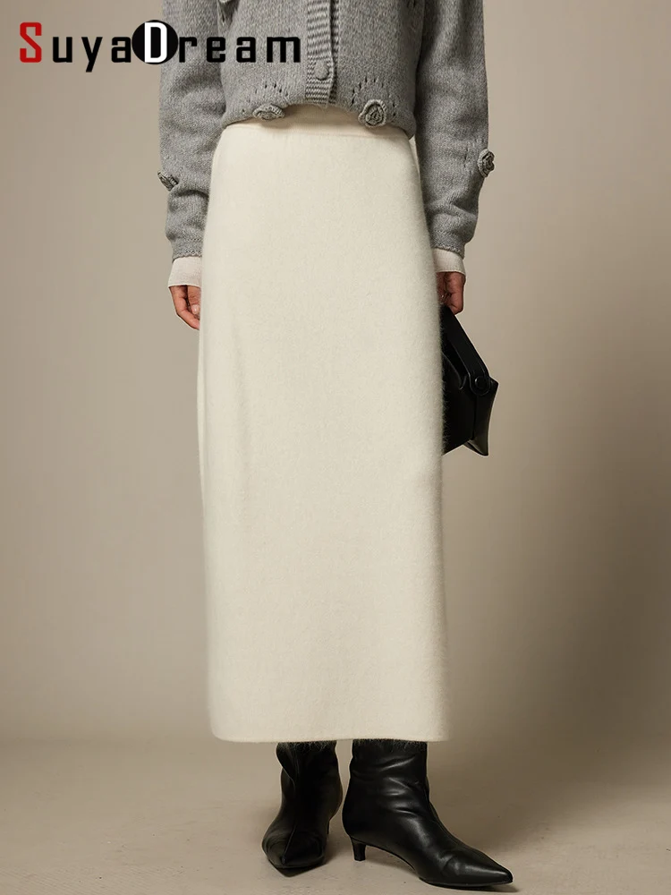 SuyaDream, Women Long Elegant Skirt, Solid Knitted Skirts, 2025 Autumn Winter Warm Under Dress, Sheep Blend, Wine, Caramel