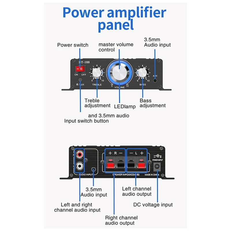 BT-188 Digital Bluetooth Amplifier Mini 2-Channel Output Home Computer Audio Amplifier 12V Car