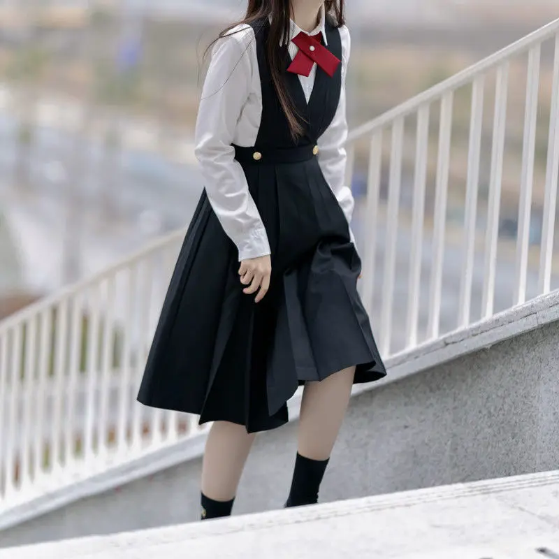 2024 Japanese Kawaii JK Uniform Strap Dress Bow Tie Y2K Student Loose Dress One-piece Suit Preppy Style Odzież Damska