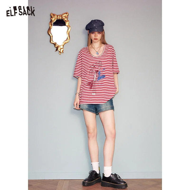 ELFSACK 2025 Summer New Arrivals High Waist A-Line Denim Shorts for Women Vintage Petite Fit
