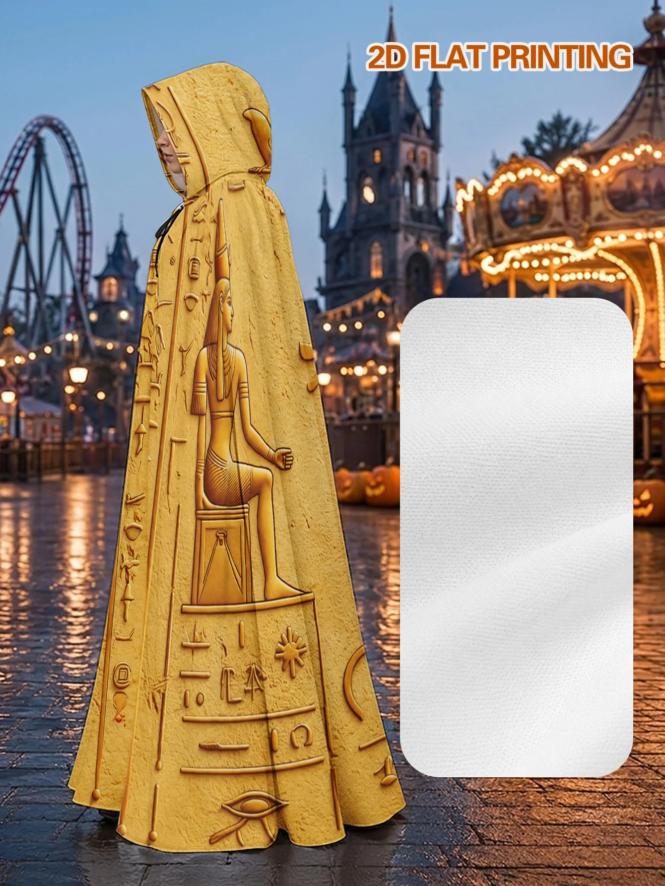 Customization 1pc, Full Length Polyester Hooded Cloak With Ancient Egyptian Relief Art Print, Adult Costume Robe For Halloween view 5