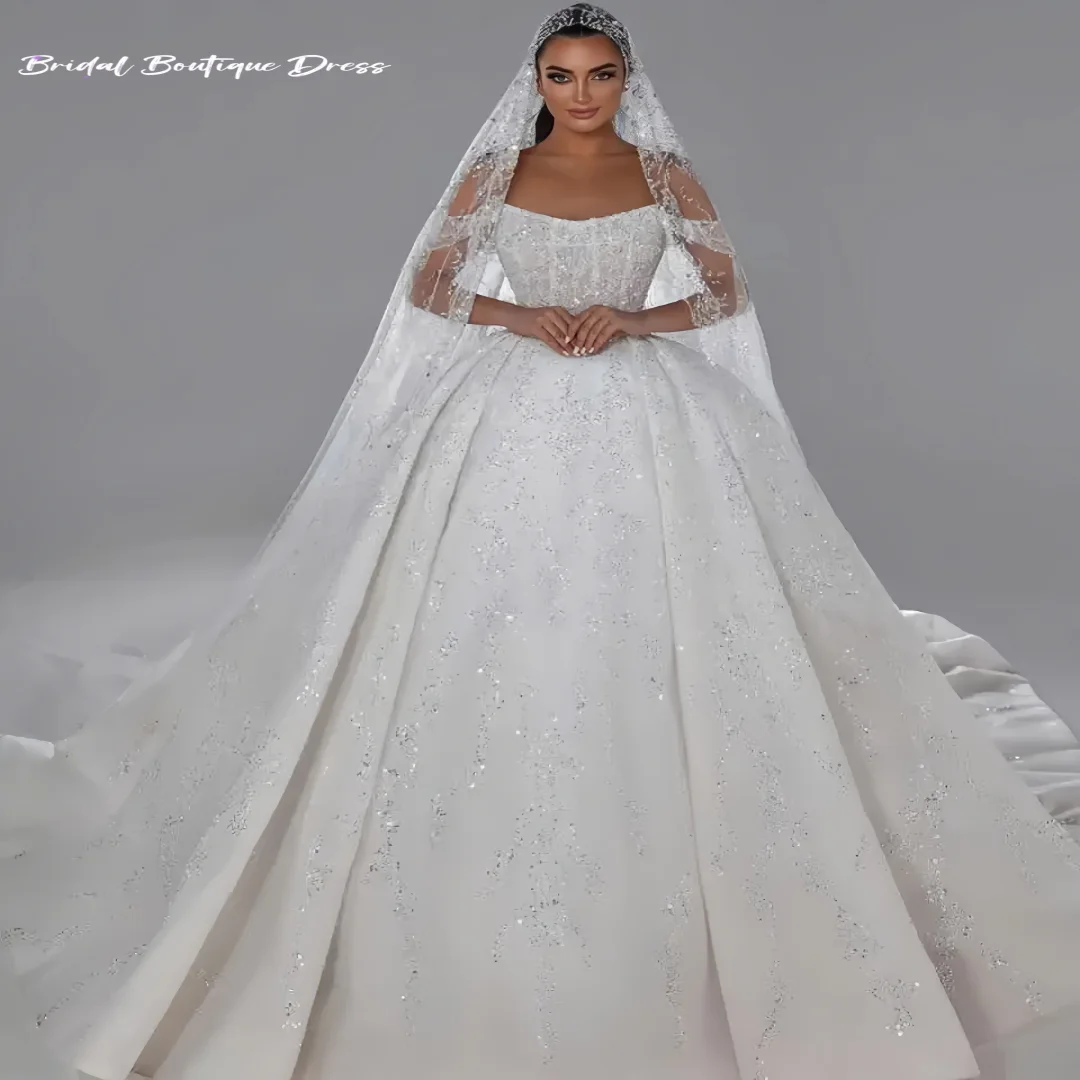 

Customize Exquisite Wedding Dresses Ball Gown Off ShoulderSequins Pearls BacklessFloor-Length Bride Dress Train Vestido de nov