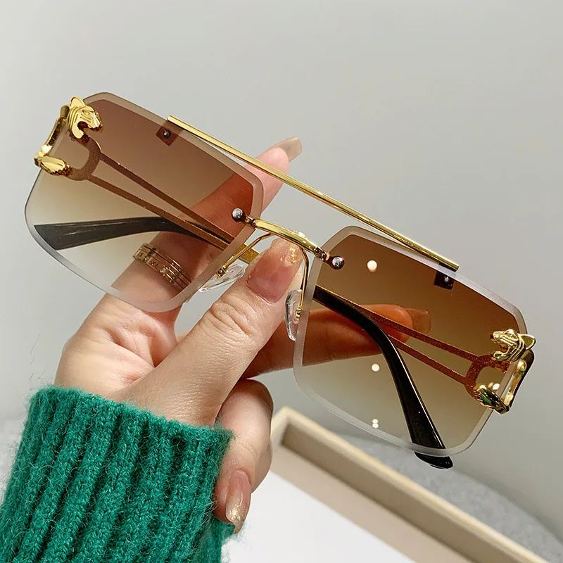 Retro Cheetah Decoration Rimless Sunglasses for Women Men Metal Steampunk Sun Glasses Frameless Fashion Shades UV400 Eyewear