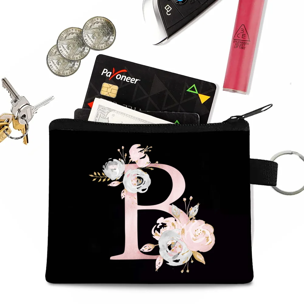 2022 26 Pink flower letter Print Coin Purse Small Canvas Coin Money Card Holder Wallet Pouch Earphone Key Portable storage Bags