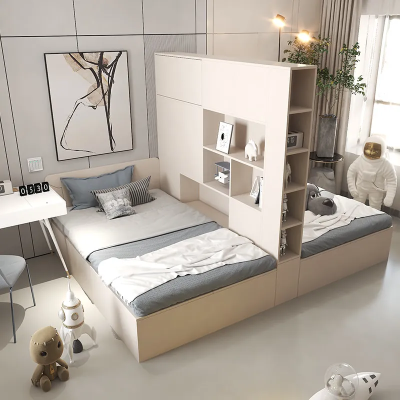 

Mother and Child Bed Double Bed, Small Apartment with Partition Bed, Cream Wind Children's Room Storage Bed