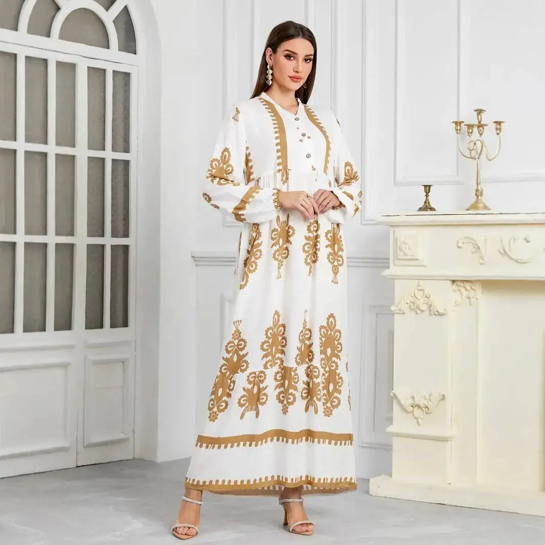 

Мусульманское женское платье-абайя с этническим принтом, длинное арабское платье из Дубая, роскошное исламское элегантное платье-роба для Рамадана