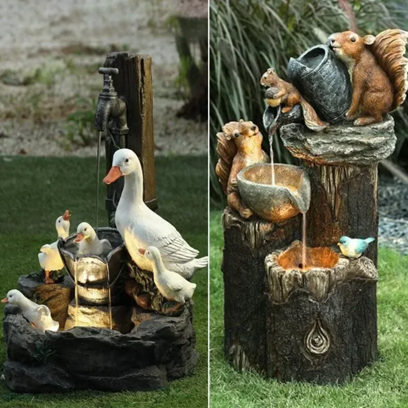 

Animal Statue Solar Flowing Water Squirrel Duck Resin Sculptures Outdoor Garden Decoration Yard Ornaments with LED Lights