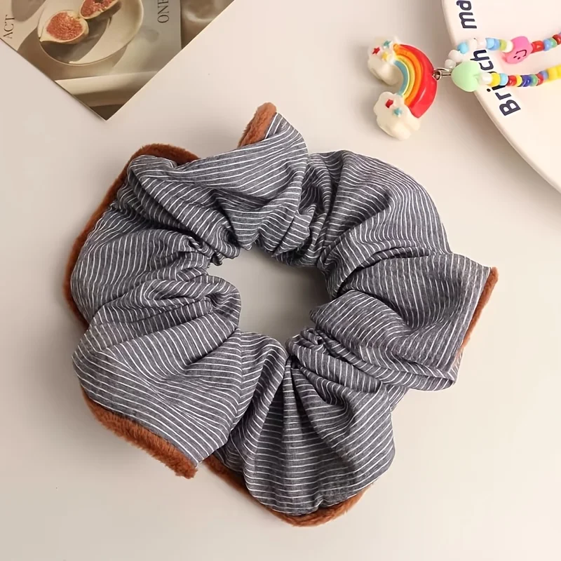 

1pc Autumn And Winter Retro Color Block Striped Large Intestine Hair Tie Plush Edge Low Ponytail Hair Rope Niche Design Hair Additions