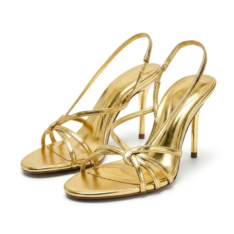 Women Gold Strappy Sandals Open Toe Slingback Stiletto High Heels Elegant Party Wedding Evening Dress Shoes Summer Prom