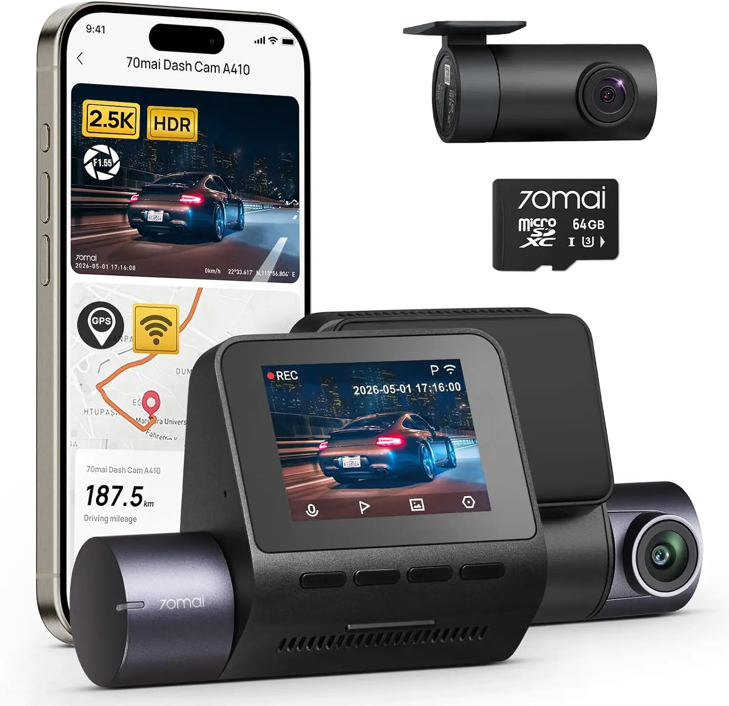 Dash Cam Front Rear 25K 1080P Dual Camera HDR Super Night Vision F155 Aperture 24H Parking Mode Built Wi Fi GPS G Sensor Loop Re