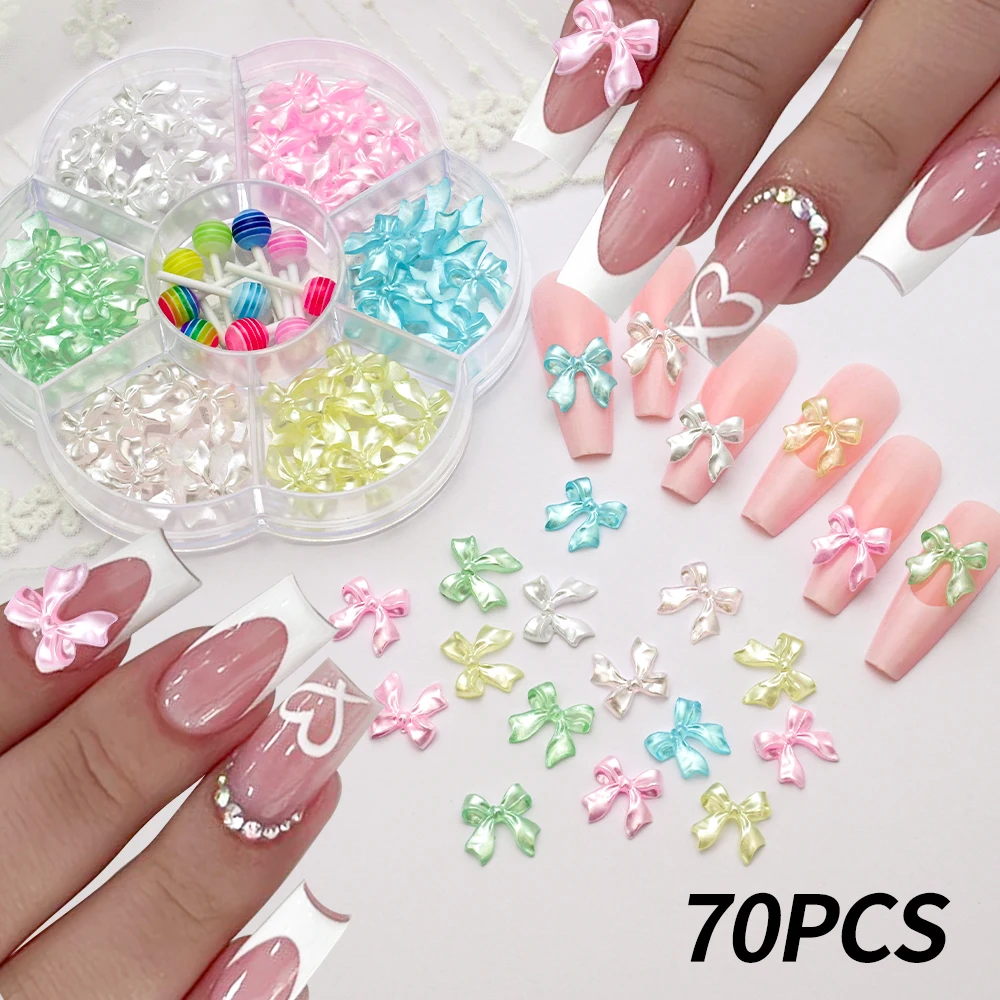 70pcs Silk Pink Bowknot Nail Art Charms 3D Resin Ribbon Bows Nail Decor 1*1cm Frosted Colorful Bow Lollipop Nail Art Rhinestones