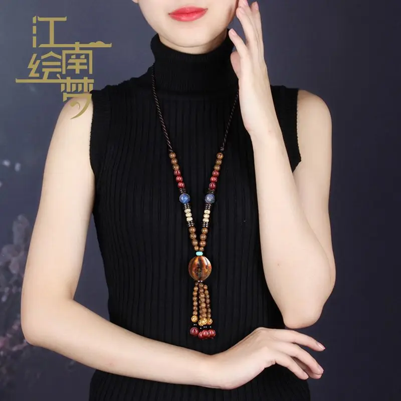 Ethnic Style Sweater Chain Necklace Women's Long Tassel All-match Retro Style Highgrade Wooden Tassel Pendant Decoration Jewelry