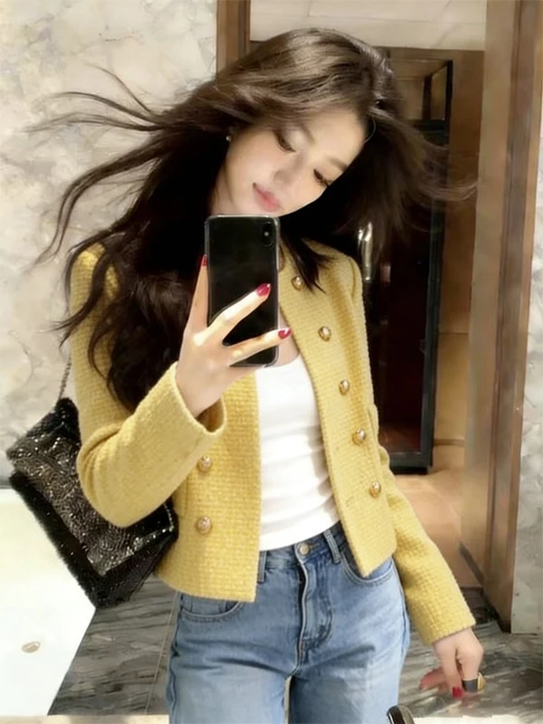 Stunning Yellow Short Coat Women's Fashion Spring 2026 Commute Style Loose Fit round Neck Zipper Closure Daily Wear