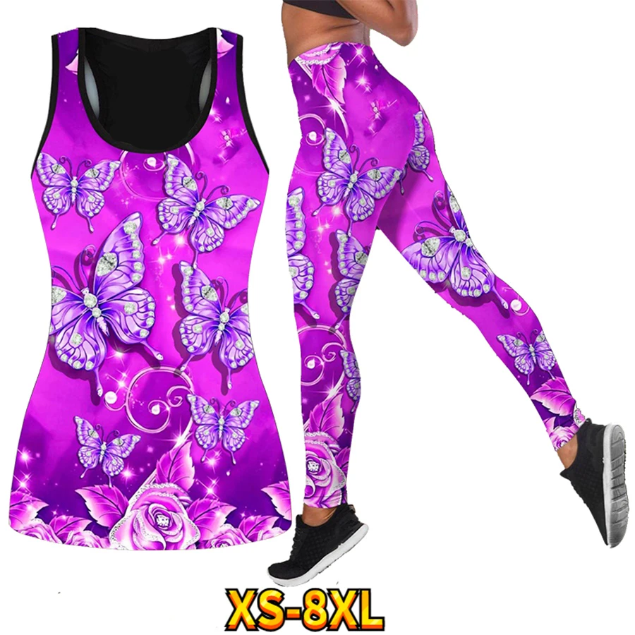 Stylish and Sexy Fall Yoga Pants Vest Set Ladies Colorful Butterfly Print Casual Sports Leggings Set XS-8XL