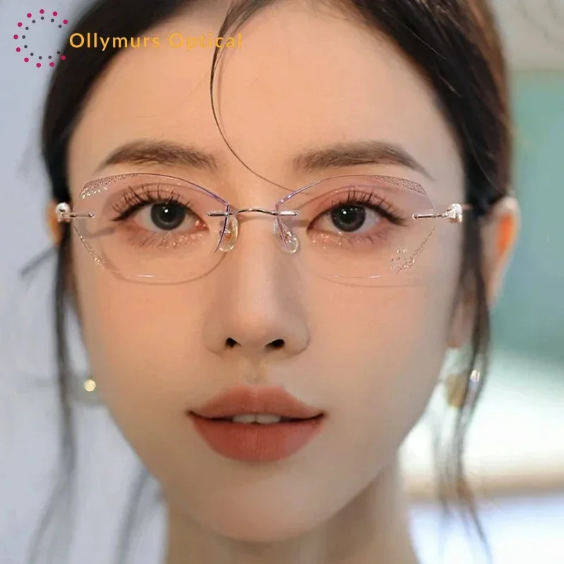 

Женские очки без оправы Ollymurs, элегантные солнцезащитные очки, роскошные прочные титановые очки, прозрачные очки с блестящими краями, Gafas