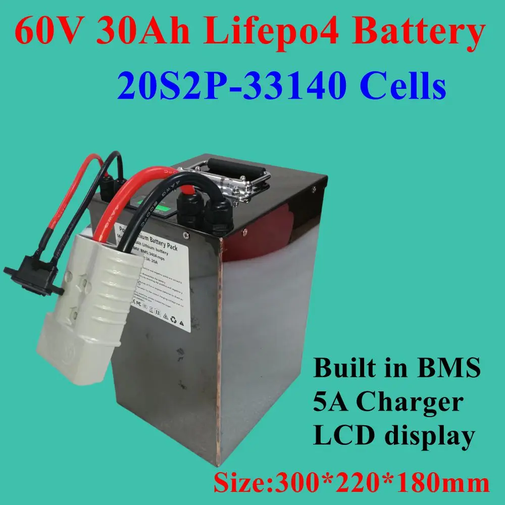LiFepo4 60V 30Ah  lithium battery pack with BMS 20S 3000W LCD displayer for tricycle two three -wheeler motorcycle bike +charger