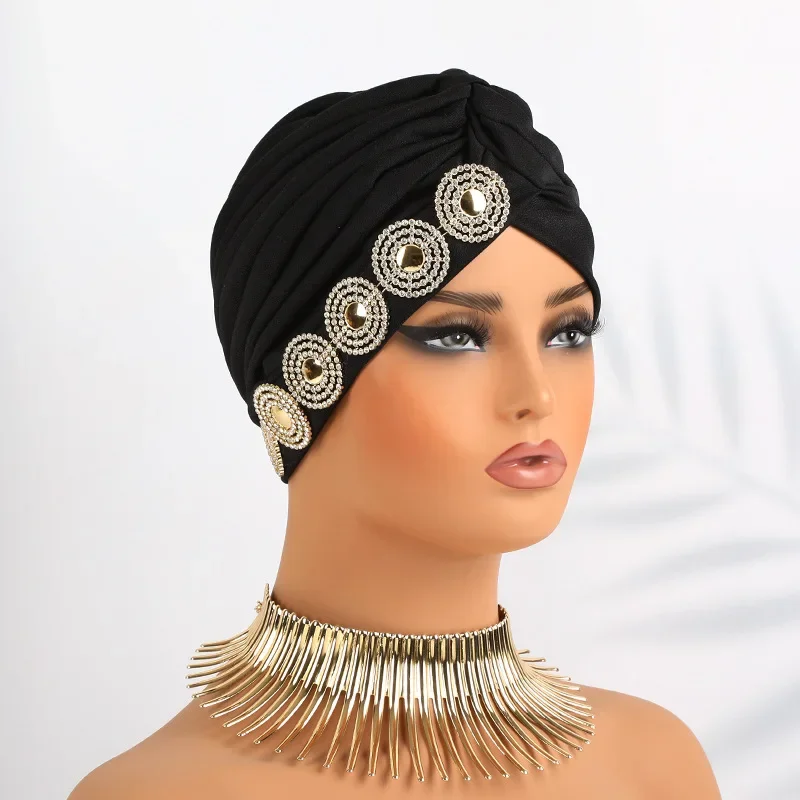 Gorro de quimio para Mujer india, Hijab musulmán con diamantes, Turbante plisado, pañuelo para la cabeza, gorros para la pérdida de cabello, gorro