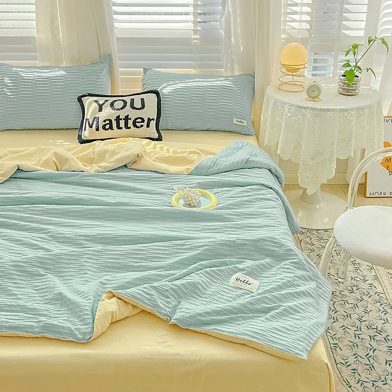 Korean Style Seersucker Washed Cotton Summer Quilt Four-Piece Set Bare Sleeping Quilt Summer Blanket Airable Cover