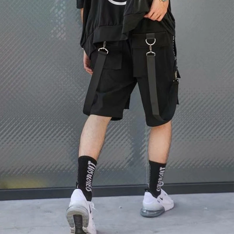 ARENS Men's Shorts Cargo Pants Man Casual Shorts Black Cargo Trousers Male Summer Gym Shorts Japanese Hip Hop Techwear Ribbons