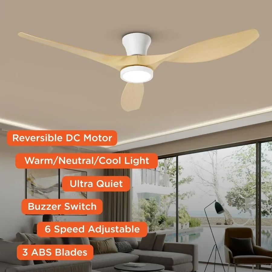 مروحة سقف مثبتة على السطح مقاس 52 بوصة مزودة بإضاءة مدمجة وجهاز تحكم عن بعد وتصميم منخفض المظهر يتميز بمحرك DC ذو وجهين وD