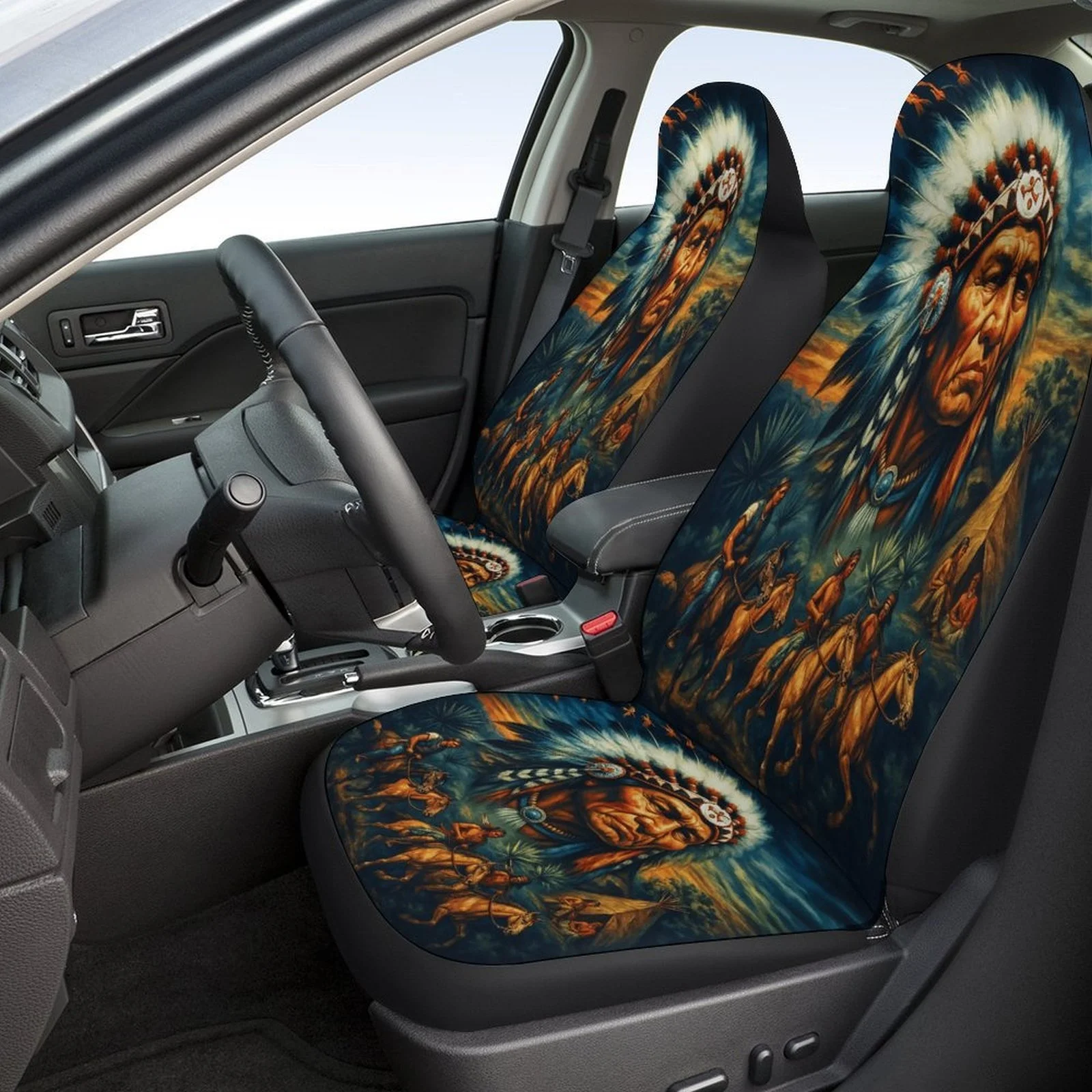 Set Of Car Seat Covers Featuring Local American Riders, Designed To Fit Most Vehicles. These Stylish And High-Quality Protectors