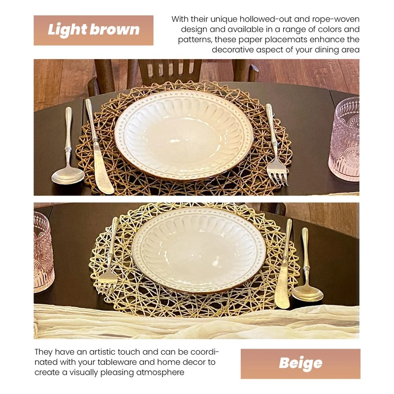 12pcs Paper Braided Round Placemats Non-Slip Heat Table Mats for Dining Tables Indoor & Outdoor Place Mats Beige