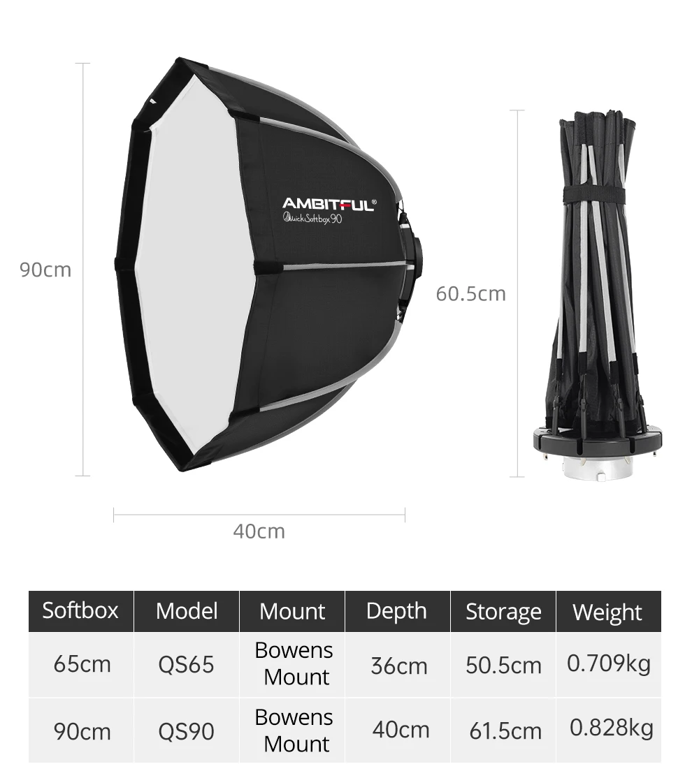 AMBITFUL QS 65 cm 90 cm Bowens-Halterung, Schnellmontage-Softbox mit Gitter für Kamerablitz, Speedlite-LED-Licht, weiche Lichtbox, matte Box – Detail 3
