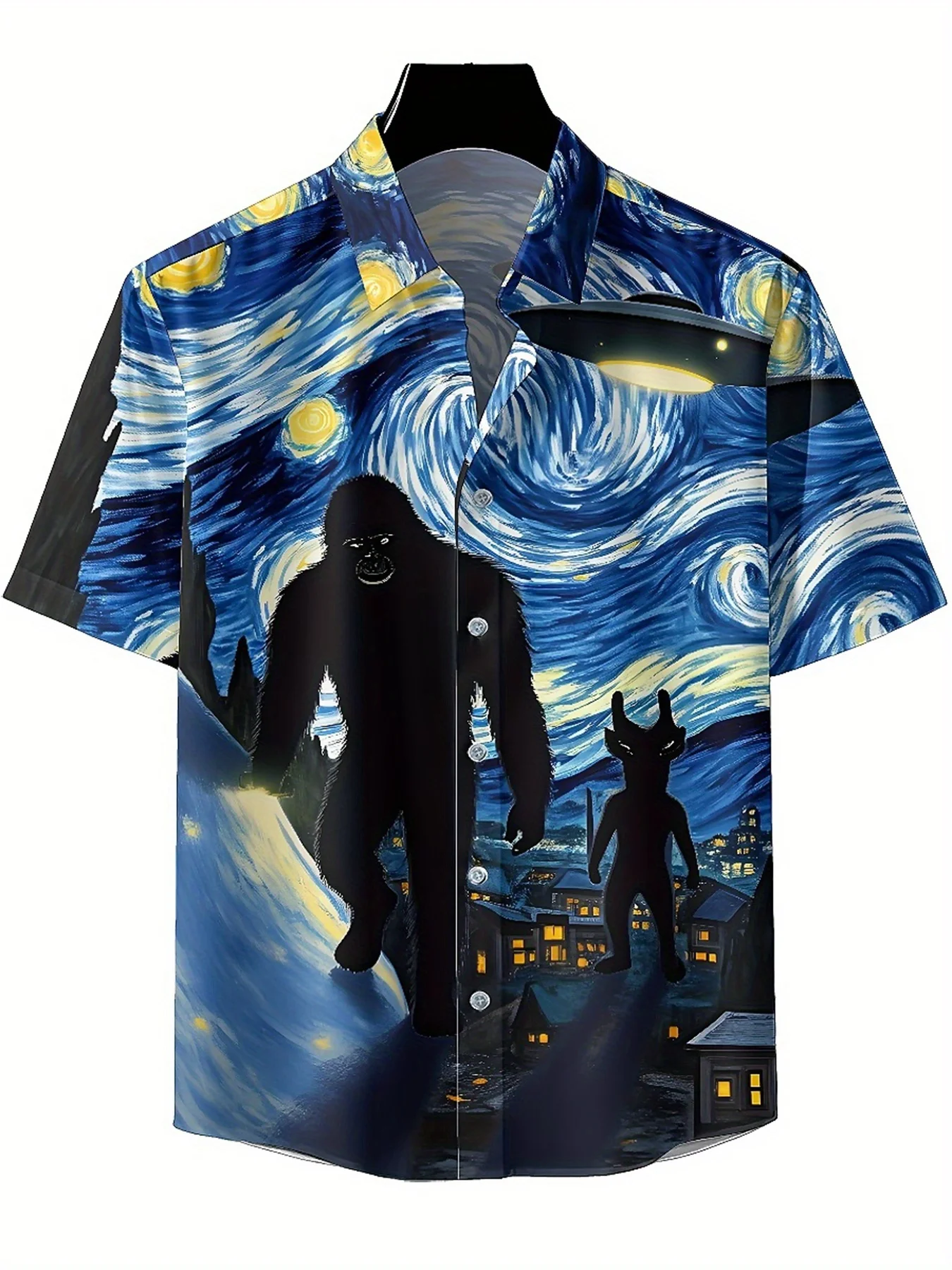 Men's Plus Size Hawaiian Shirts Sasquatch and UFO, Van Gogh Style pattern,Unisex Baggy Aloha Shirts,summer Alternative Clothing