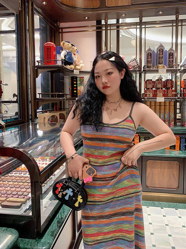 

Вязаное платье Kindee с радужными полосками, женское, красивое, стройнящее, большого размера, А-силуэт, для повседневной носки, в корейском стиле, длинное