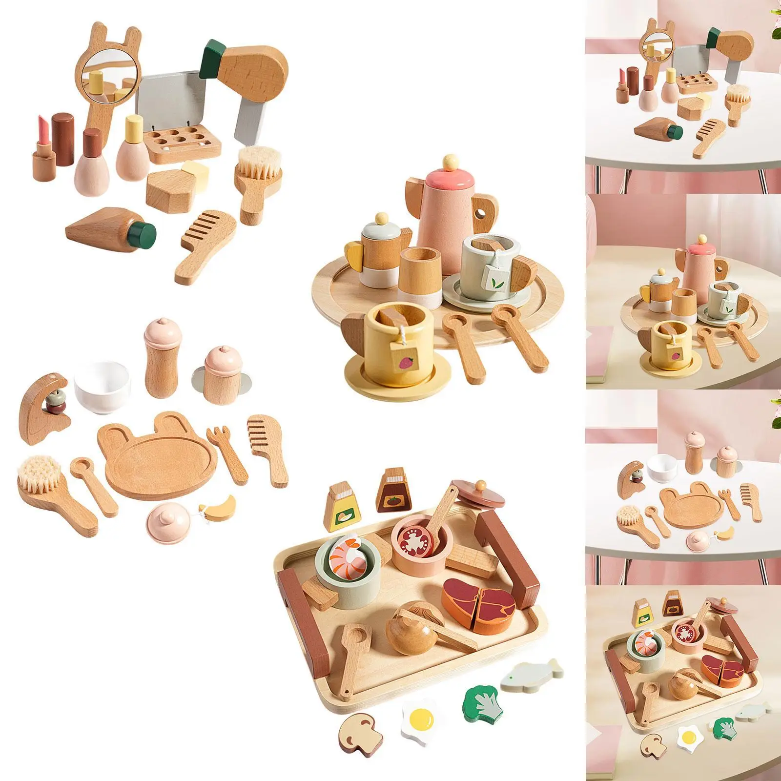 Pretend Play Set Toy Role Play Color Matching Afternoon Tea Set Wooden Toy for Toddlers Birthday Gift Kids Girls Age 3 4 5 6