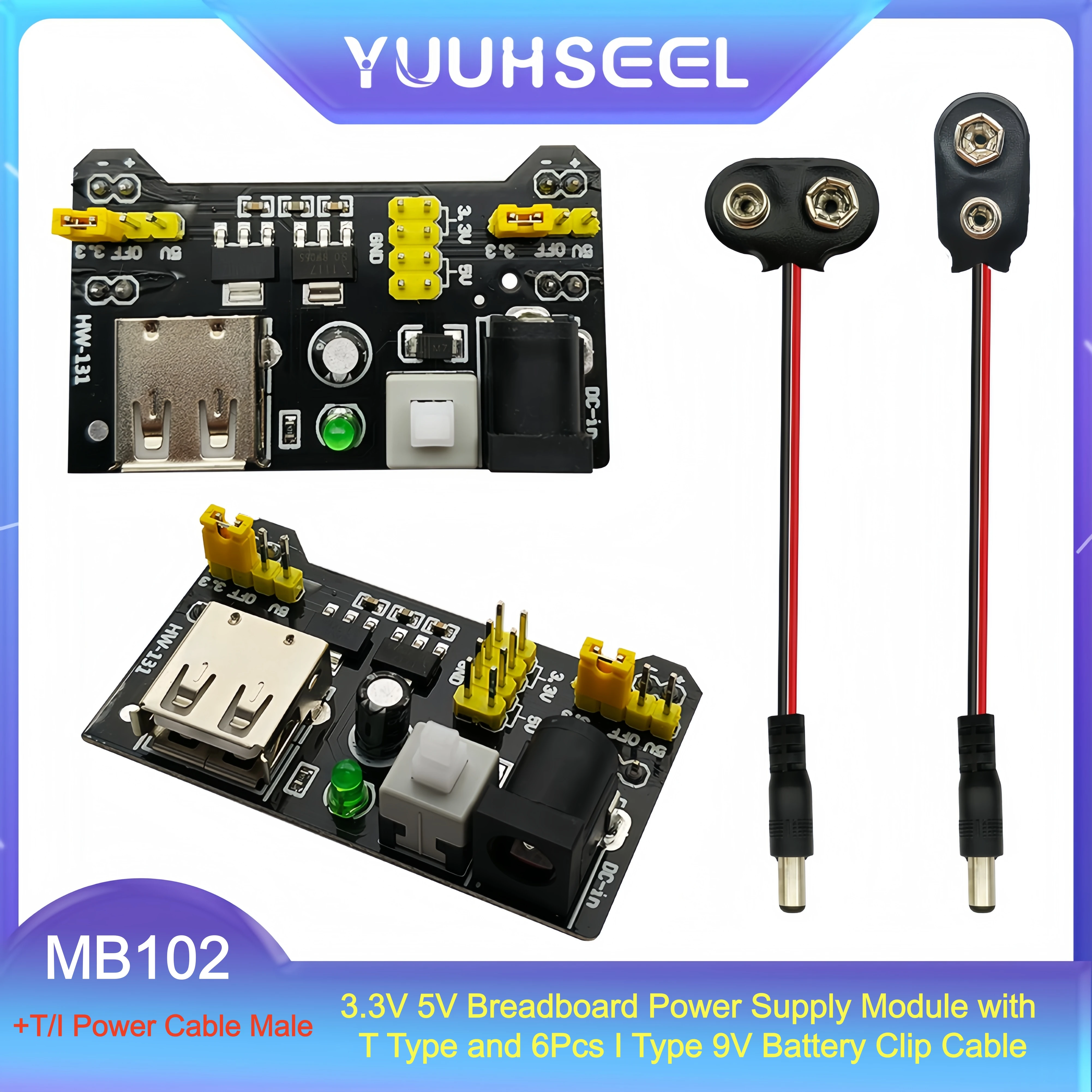 6pcs MB102 Breadboard Power Supply Module 3.3V 5V, 6Pcs T Type or 6Pcs I Type 9V Battery Clip Cable, 2.1x5.5mm DC Male Plug