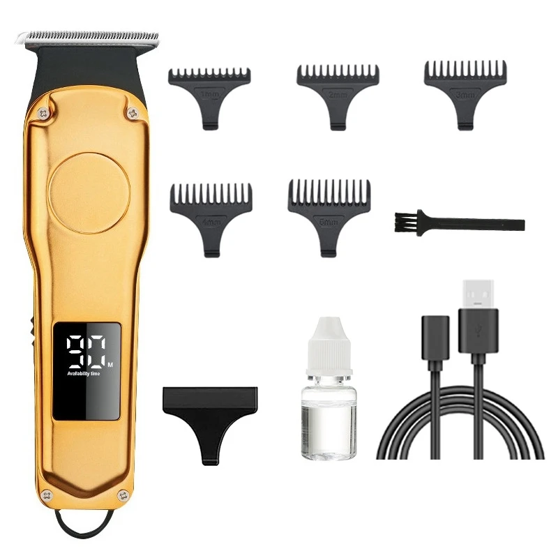 Máquina de cortar cabelo dourada masculina, máquina de corte elétrica recarregável, aparador de barba, barbear para homens