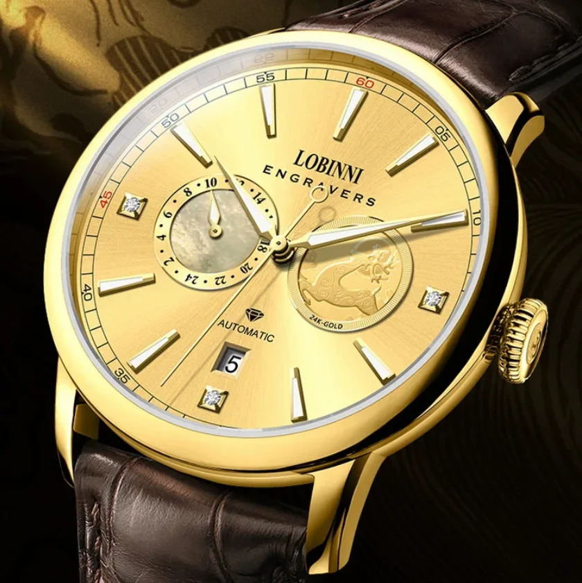 

Lobinni Men Automatic Watch 41mm Luxury Mechanical Wristwatch Sapphire Luminous Sapphire 24K Gold / 18K Platinum Miyota 82S7