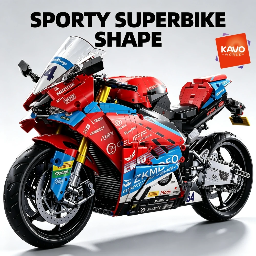 KAVOWORLD 1840pcs Oversized World Superbike Building Blocks 1:5 Scale High-Detail Championship Pro Racing Motorcycle Model Working Suspension Disc Brakes Sport Bike Replica Construction Bricks Set for Desk Display Christmas Halloween New Year Party Gifts