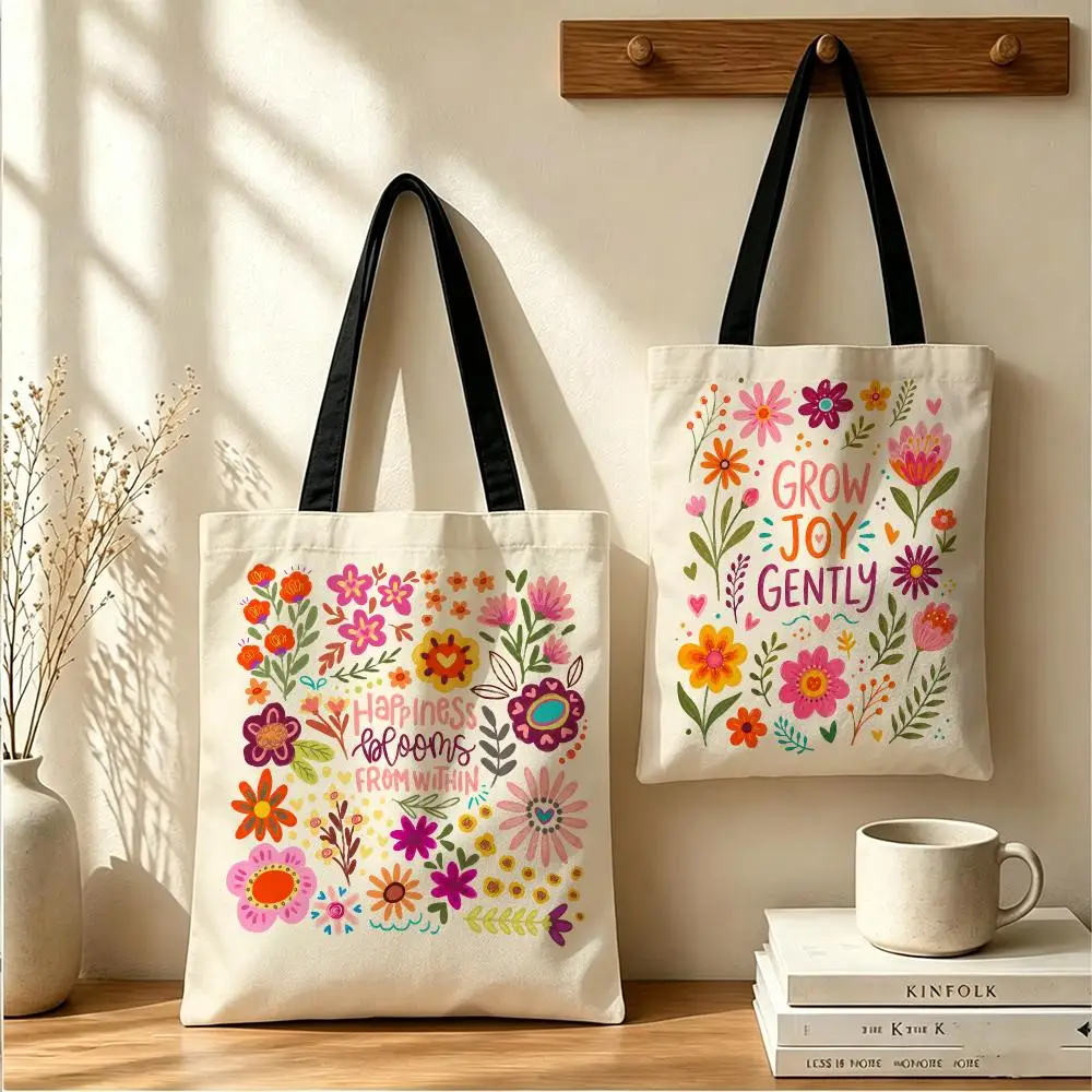Happiness Blooms From Within Storage Bags Canvas Tote Bag Women Large Capacity Reusable Shopping Shoulder Bag Daily Handbag
