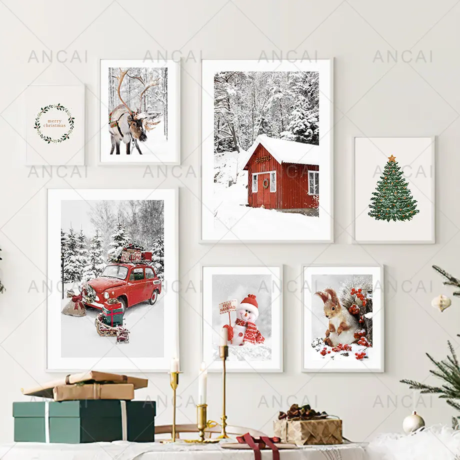 Winter Christmas Landscape Poster Print Snowman Squirrel Elk Coffee Canvas Painting Wall Art Pictures for Living Room Decoration