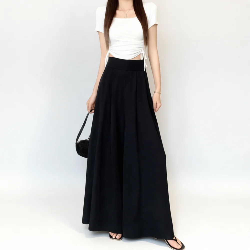 Wide Leg Pants Skirt Women Elastic High Waist Pleated Trouser Elegant Drape Slimming Casual Business Loose Fit Bottoms