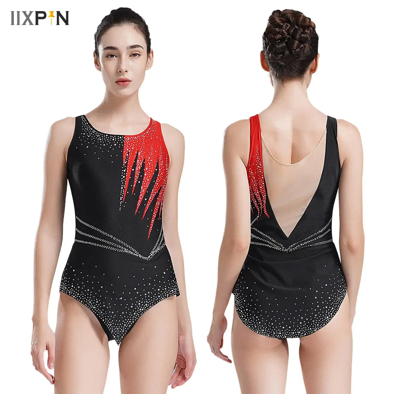 

Womens Rhythmic Gymnastics Leotards Sleeveless Shiny Rhinestones Contrast Color Bodysuit Ballet Competition Performance Costume