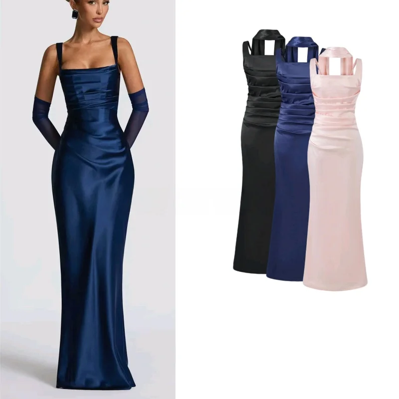 

Весенняя новинка: женское повседневное платье с квадратным вырезом, длинное, однотонное, с завязками, с завышенной талией, прямого кроя.