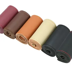 38cm Glossy Top Layer Genuine Leather Steering Wheel Cover with Needles And Thread DIY Hand Sewing Braid Case