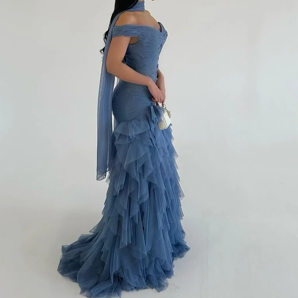Personalizado sereia vestidos de noite até o chão fora do ombro sem mangas vestido de baile simples moda roubou drapeado vestido de festa