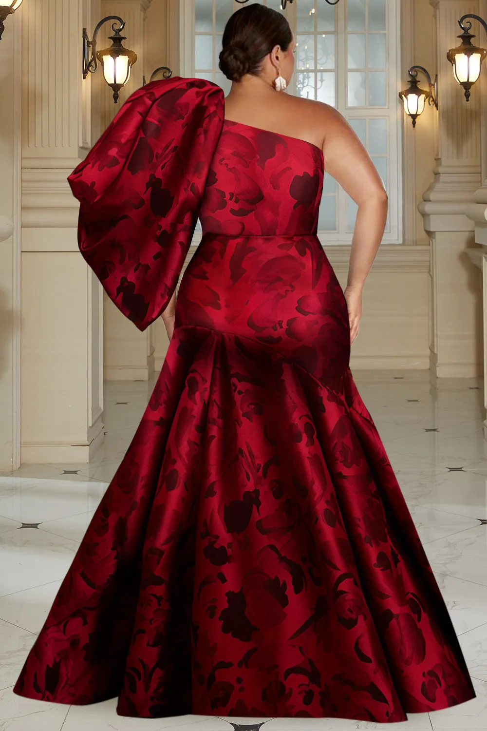 Plus Size Evening Gowns Burgundy All Over Print One Shoulder Maxi Dresses Women 2025