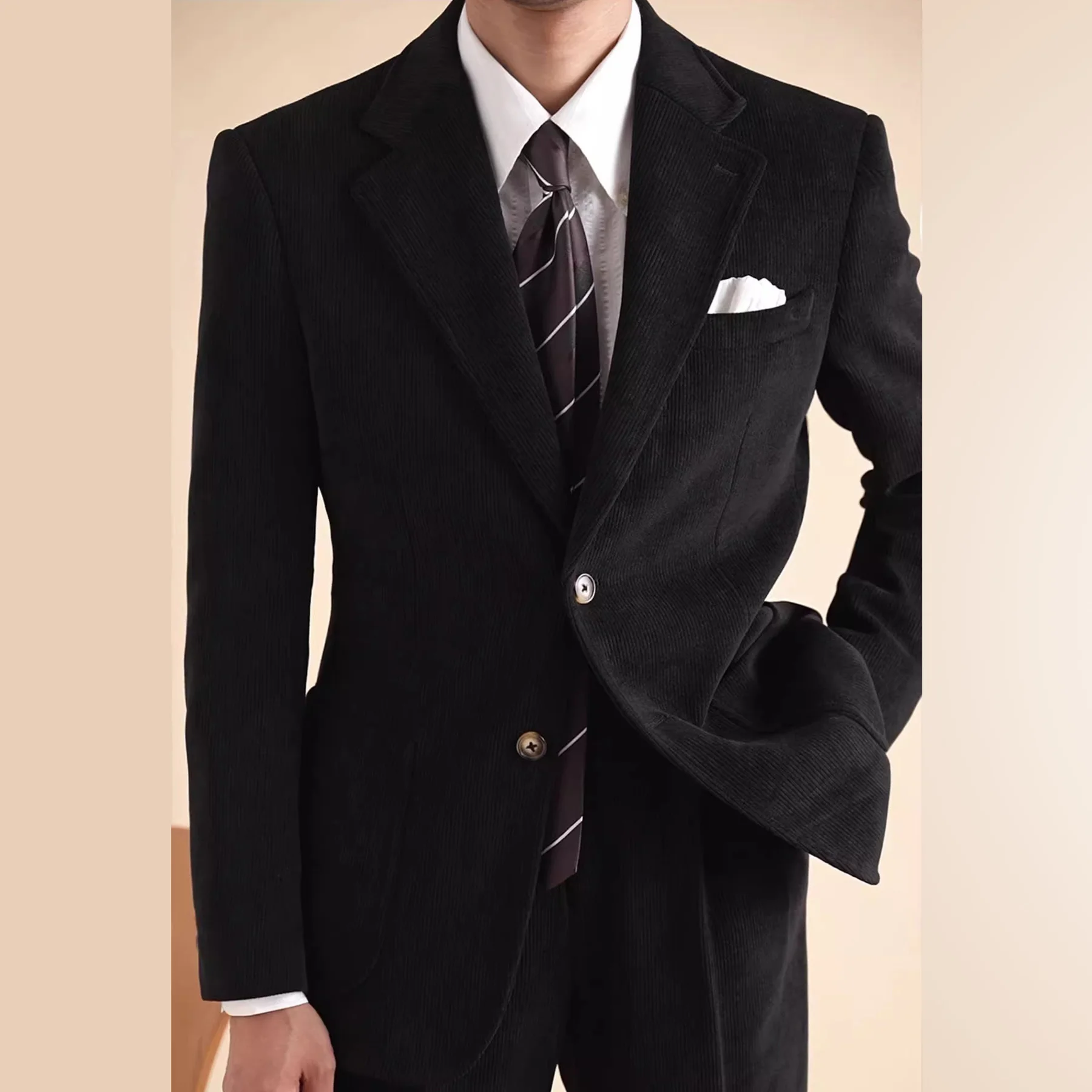 New Grooms Suit Naples Corduroy Suit Set For Men Business Casual Striped Velvet Suit Fall Men Tuxedo Suit Smoking Homme Mariage