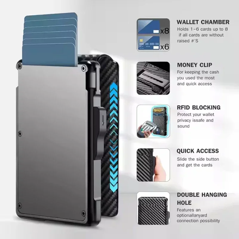 محفظة من ألياف الكربون Rfid من الألومنيوم، محفظة ذكية منبثقة، حامل بطاقة الائتمان، محافظ بمشبك نقود معدني ثنائي الطي للرجال