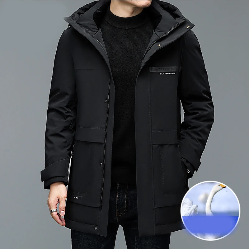 Down Jacket Men\'s Mid Length Hooded Winter New Thickened Cold and Warm Work Jacket